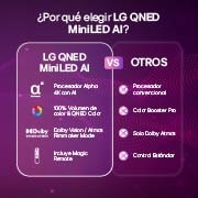 LG QNED evo AI QNED85 Mini LED for Ultimate Gameplay shows a vibrant, high-speed racing scene with a blurred comparison inset highlighting Motion Booster 288, while supporting 144Hz, VRR, AMD FreeSync, ALLM, HGiG, and GeForce NOW.